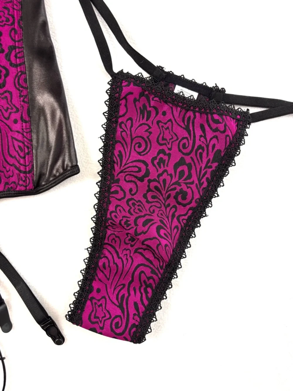 NWT Dreamgirl Faux Leather/Purple Lace Corset w/ Thong Lingerie Set